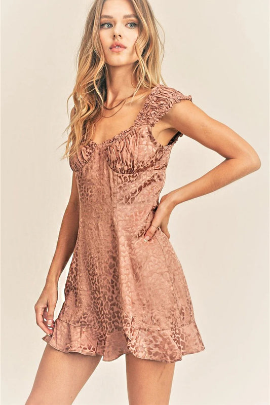 Mauve Leopard Print Ruffle Strap Smocked Bodice Mini Dress - Tasha Apparel Wholesale