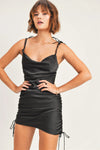 Satin Cowl Neck Adjustable Tie Strap Ruched Side Mini Dress