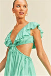 Ruffle Sleeve Cutout Waist Tie Front V-Neck Mini Dress