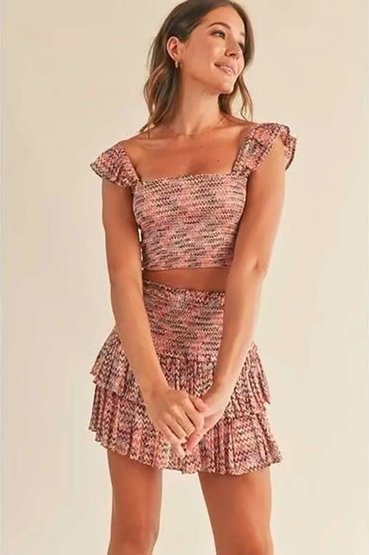 Boho Chic Pink Chevron Print Smocked Two Piece Set Crop Top Ruffle Mini Skirt