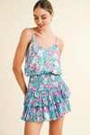 Floral Print Spaghetti Strap Cami Top and Smocked Tiered Ruffle Mini Skirt Set