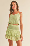 Green Floral Print Spaghetti Strap Crop Top and Smocked Tiered Mini Skirt Set