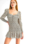 Leopard Print Smocked Long Sleeve with Puff Shoulders and Ruffle Hem Fall Mini Dress