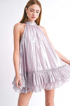 Shimmery Metallic Silver Blush Halter Neck Tiered Ruffle Mini Dress