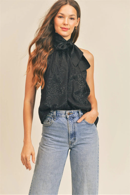 Monochrome Cheetah Animal Sleeveless Tie Neck Halter Top with Bow Detail Blouse
