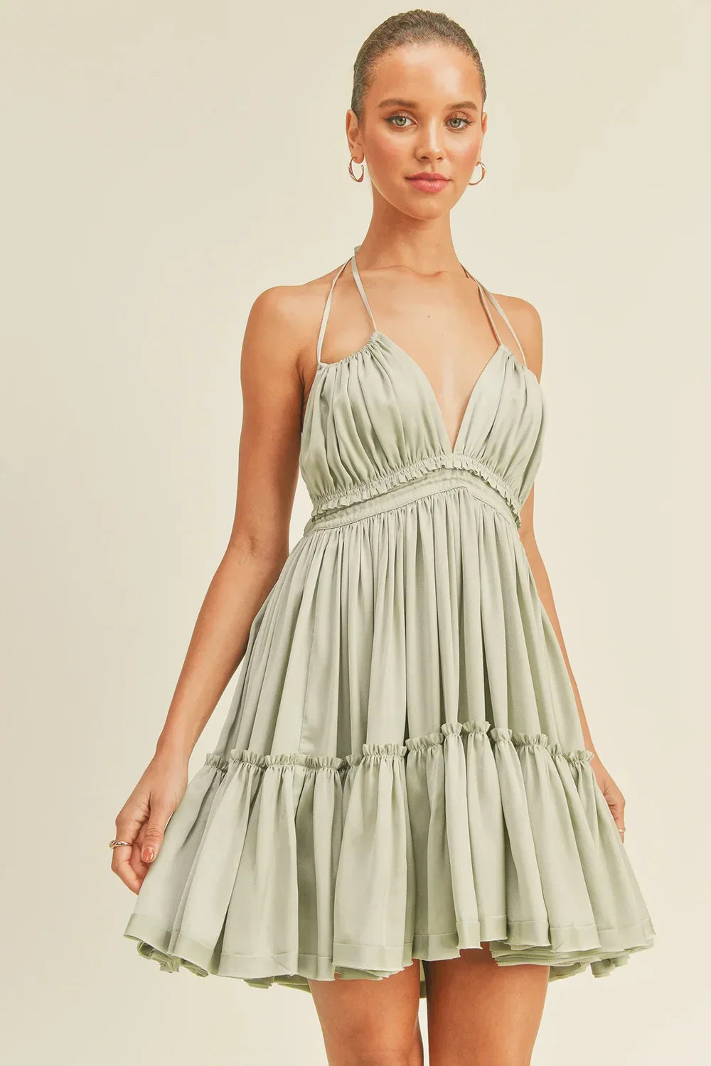 Sage Green Satin Halter Tiered Ruffle Hem and Open Back Tie Detail Mini Dress