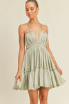 Sage Green Satin Halter Tiered Ruffle Hem and Open Back Tie Detail Mini Dress