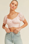 Romantic Puff Sleeve Smocked Bust Tie-Back Silken Gathered Mel Cropped Top