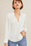Gathered Shoulder V-Neck Long Sleeve Flowing Blouse