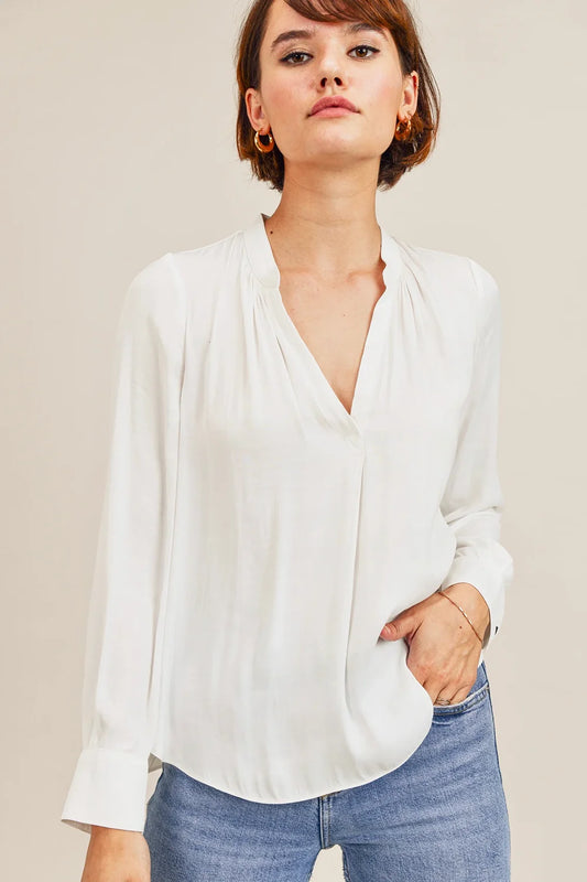Gathered Shoulder V-Neck Long Sleeve Flowing Blouse