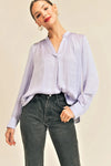 Gathered Shoulder V-Neck Long Sleeve Flowing Blouse