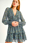 Navy Floral Print Wrap Mini Dress with Long Sleeves and Tiered Ruffle Hem Fall Dress