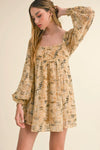 Tribal Print Balloon Sleeve Square Neck Tie Back Smocked Baby Doll Mini Dress