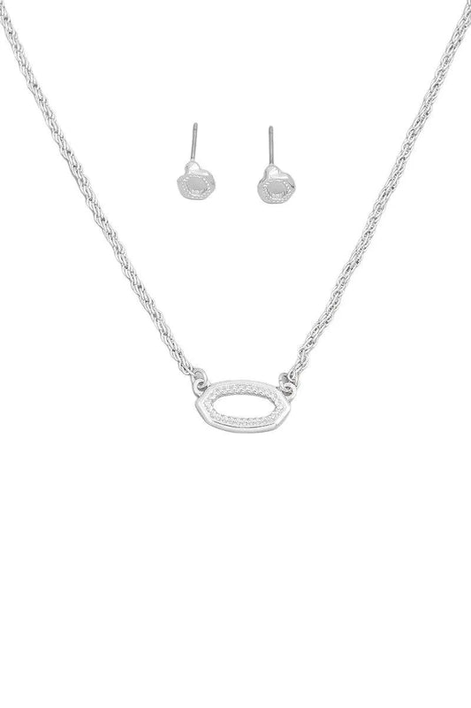 Dainty Rope Chain Oval Charm Necklace Pentagon Earring Set - Tasha Apparel Wholesale