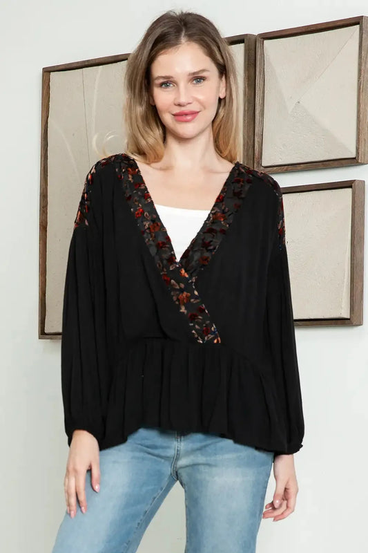 Boho Long Sleeve Wrap Velvet Floral Detail Tiered Hem Top
