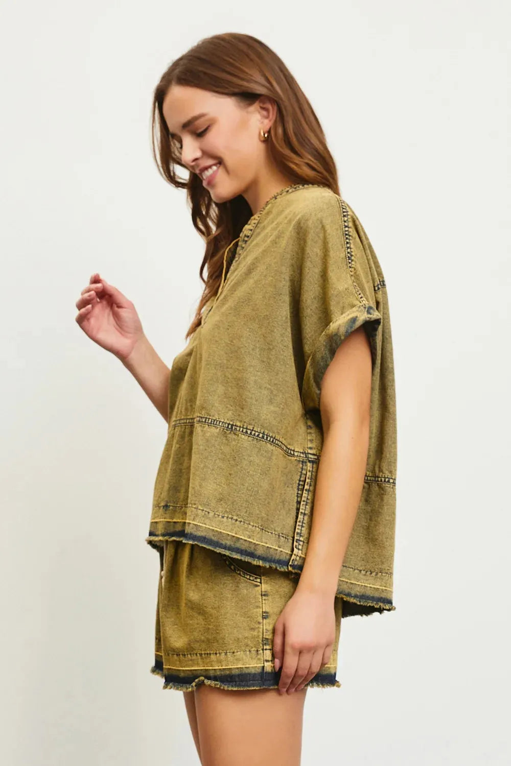 Vintage Acid Wash with Frayed Hem Detail V-Neck Top - Tasha Apparel Wholesale