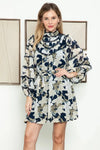 Floral High Ruffle Neck Belted Long Sleeve Mini Balloon Dress
