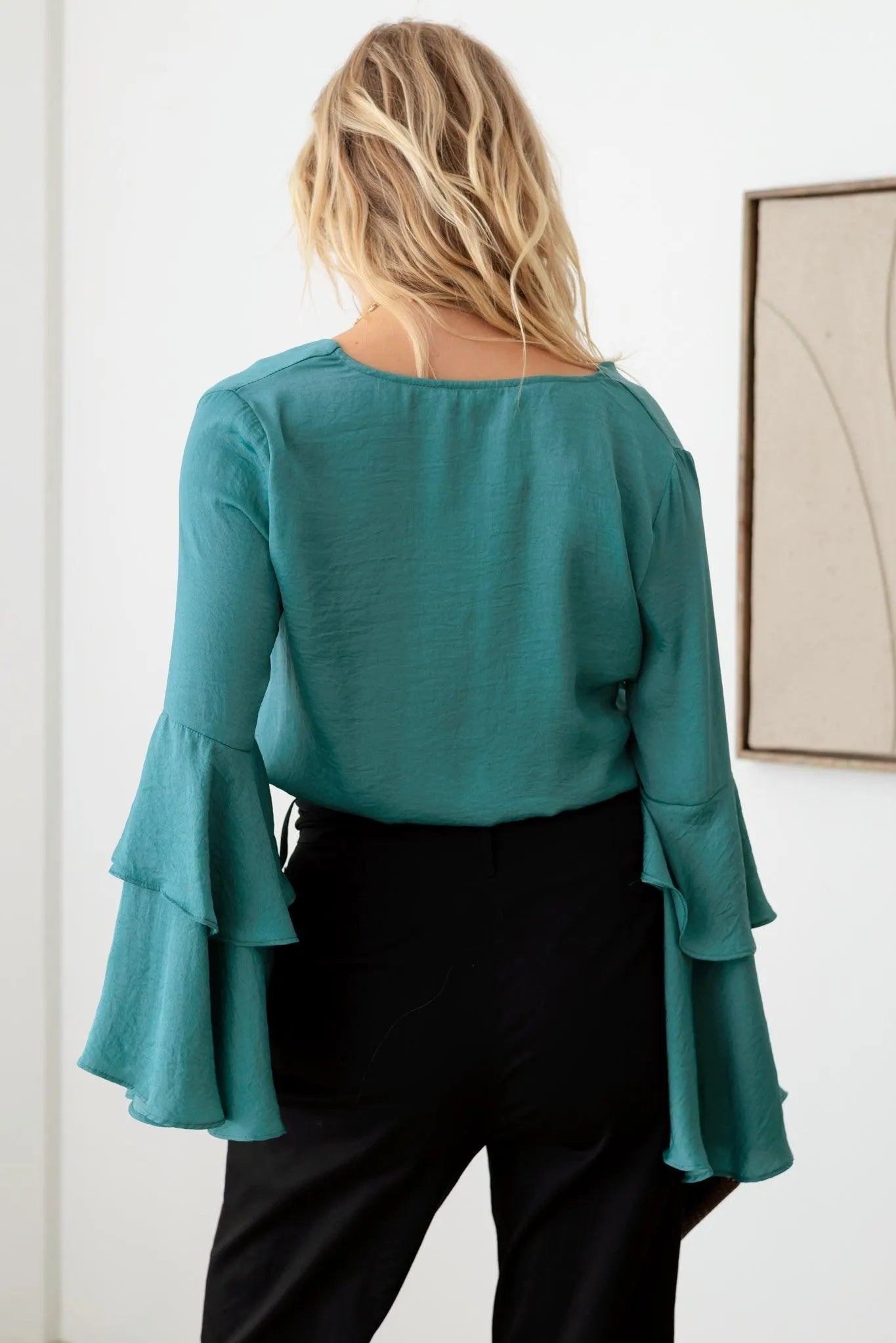 Satin V-Neck Shirt Ruffle Bell Sleeve Bodysuit - Tasha Apparel Wholesale