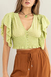 Short Ruffle Sleeve Front Button Smocked Lace Crop Top