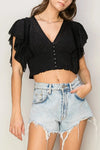Short Ruffle Sleeve Front Button Smocked Lace Crop Top