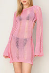 Long Sleeve Crochet Open Back Mini Cover Up Dress