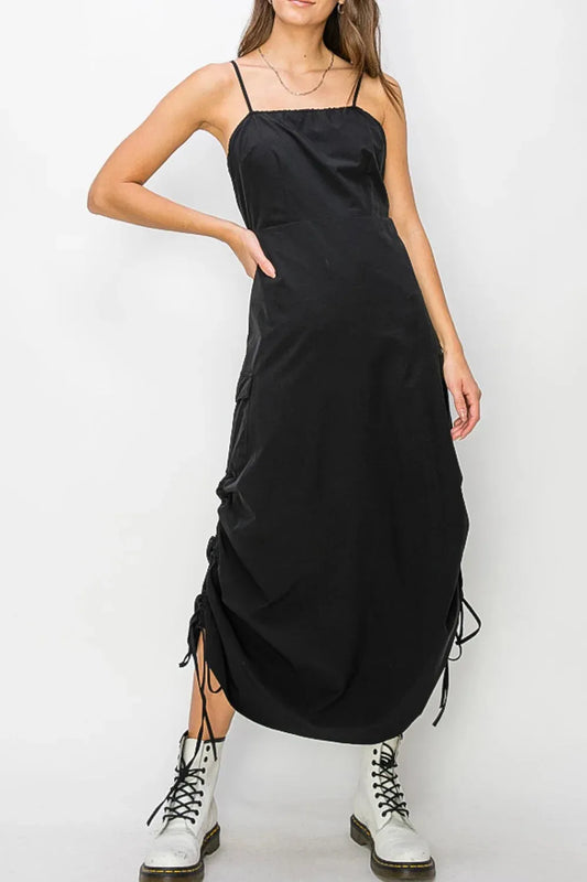 Sleeveless Side Ruched Midi Cargo Dress
