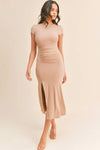 Short Sleeve Shirring Side Slit Midi Dress