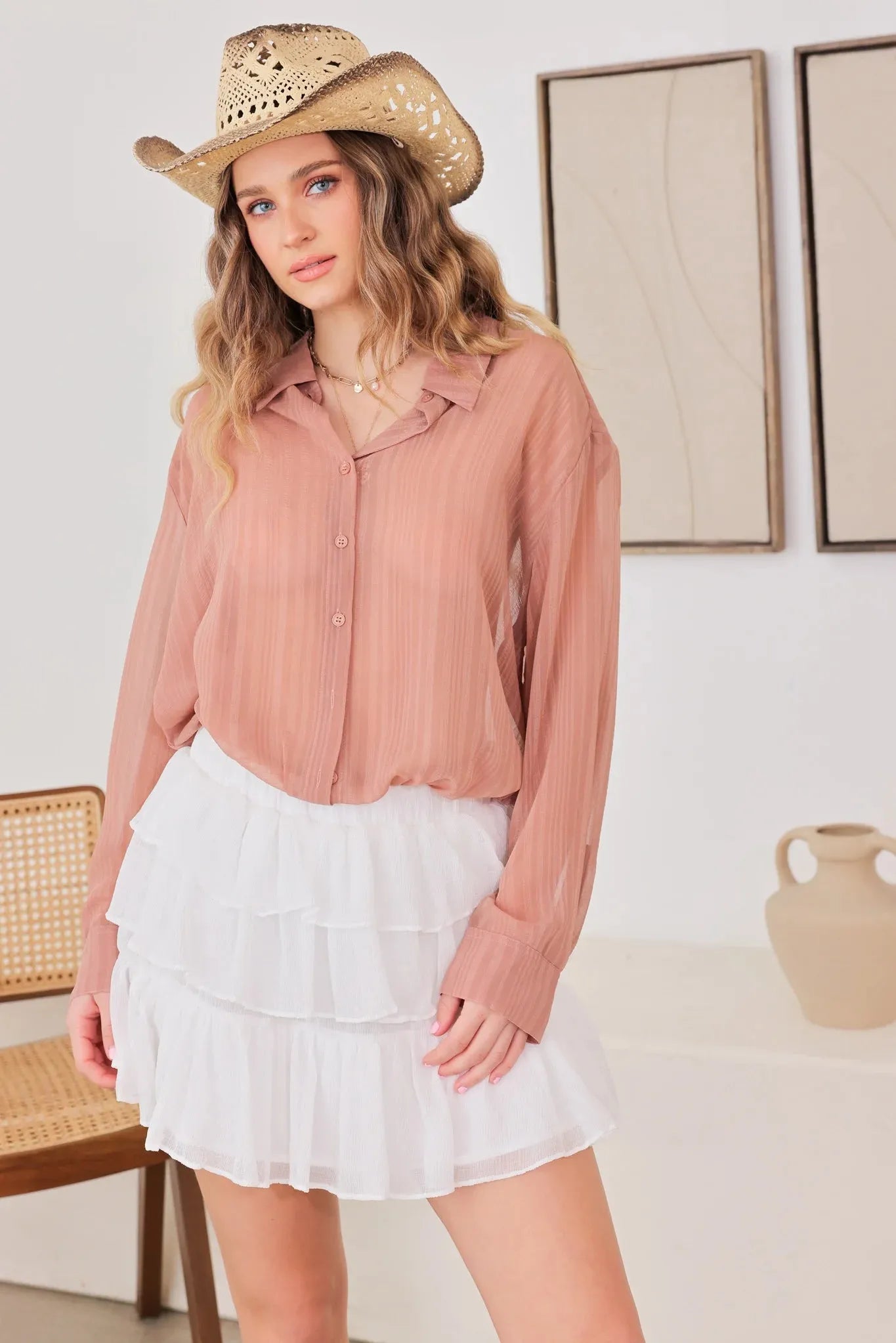 Sheer Long Sleeve Lace Bottom Collared Bodysuit - Tasha Apparel Wholesale