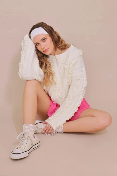 Romantic Lace Round Neck Ribbed Trim Sweater - Tasha Apparel Wholesale