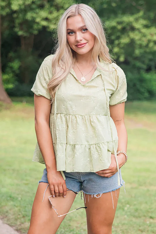 Floral Embroidered Tiered Silhouette Short Sleeve Babydoll Top