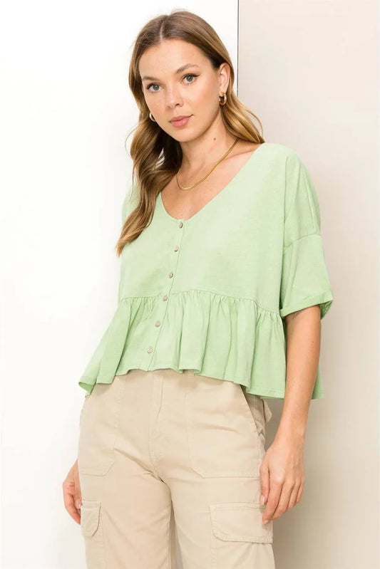 Linen Jade Lime Boho Tiered Hem Front Button 1/2 Sleeve Top