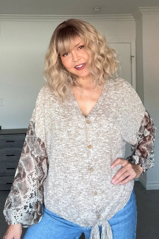 Plus Size Soft Oatmeal Snake Print Sleeve Button-Up Tie Front Top