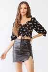 Black Floral Ruffle Midi Sleeve Smocked Back Ruched Crop Top - Tasha Apparel Wholesale