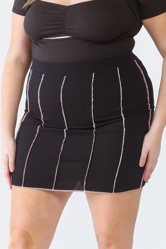 Junior Plus Black Ribbed Seam Detail High Waist Mini Skirt /1-1-1 - Tasha Apparel Wholesale