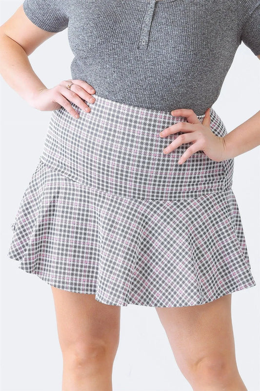 Plus Size Pink Plaid High Waist Flare Hem Mini Skirt - Tasha Apparel Wholesale