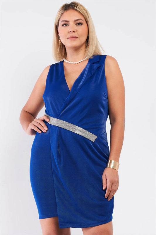Plus Size Asymmetrical Wrap Rhinestones Fitted Blazer Dress - Tasha Apparel Wholesale