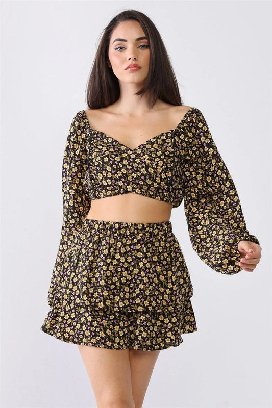 Floral Puff Balloon Long Sleeve Layered Skirt Set - Tasha Apparel Wholesale