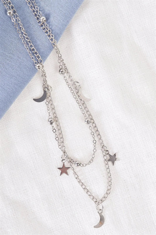 Night Sky Star Moon Silver Beaded Double Chocker Necklace - Tasha Apparel Wholesale