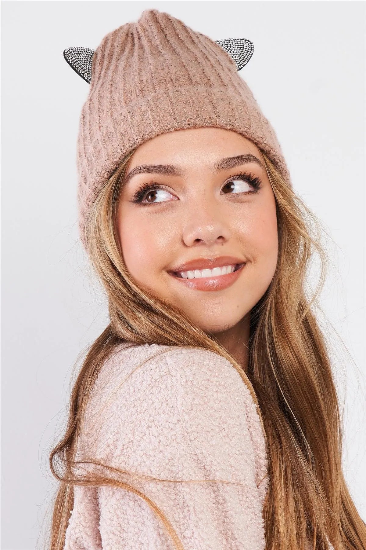 Pink Rhinestone Cat Ears Glitter Woven Knit Beanie - Tasha Apparel Wholesale