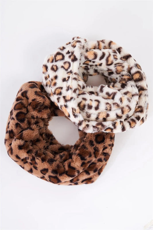 Ivory Leopard Print Faux Fur Infinity Winter Scarf /3 Pieces - Tasha Apparel Wholesale
