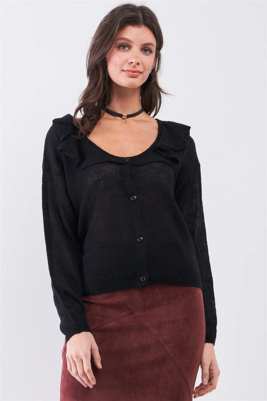 Black Round Neck Bertha Collar Button-Front Cardigan /3-2-1 - Tasha Apparel Wholesale