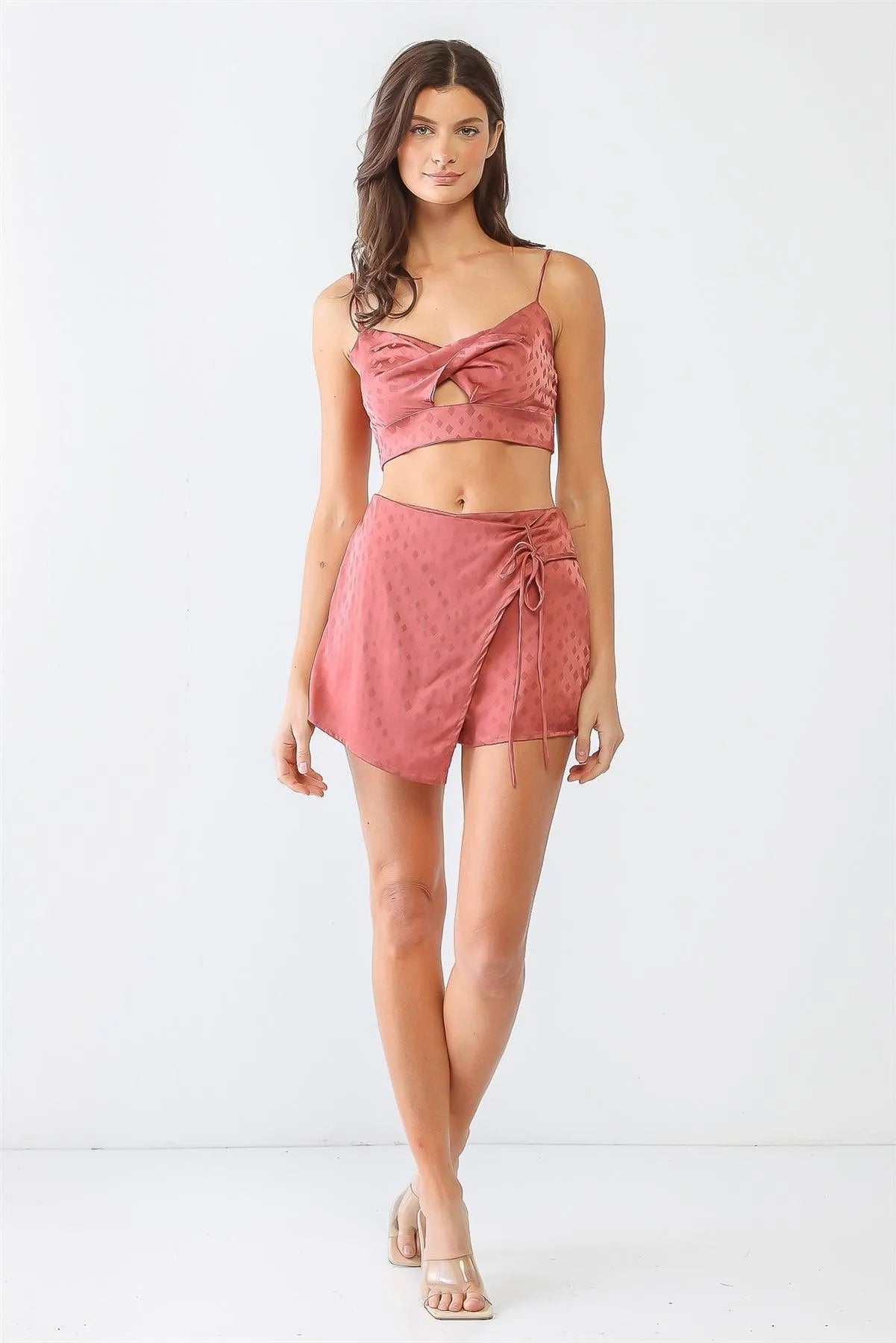 Diamond Print Satin Crop Top & Wrap Hem Shorts Set - Tasha Apparel Wholesale