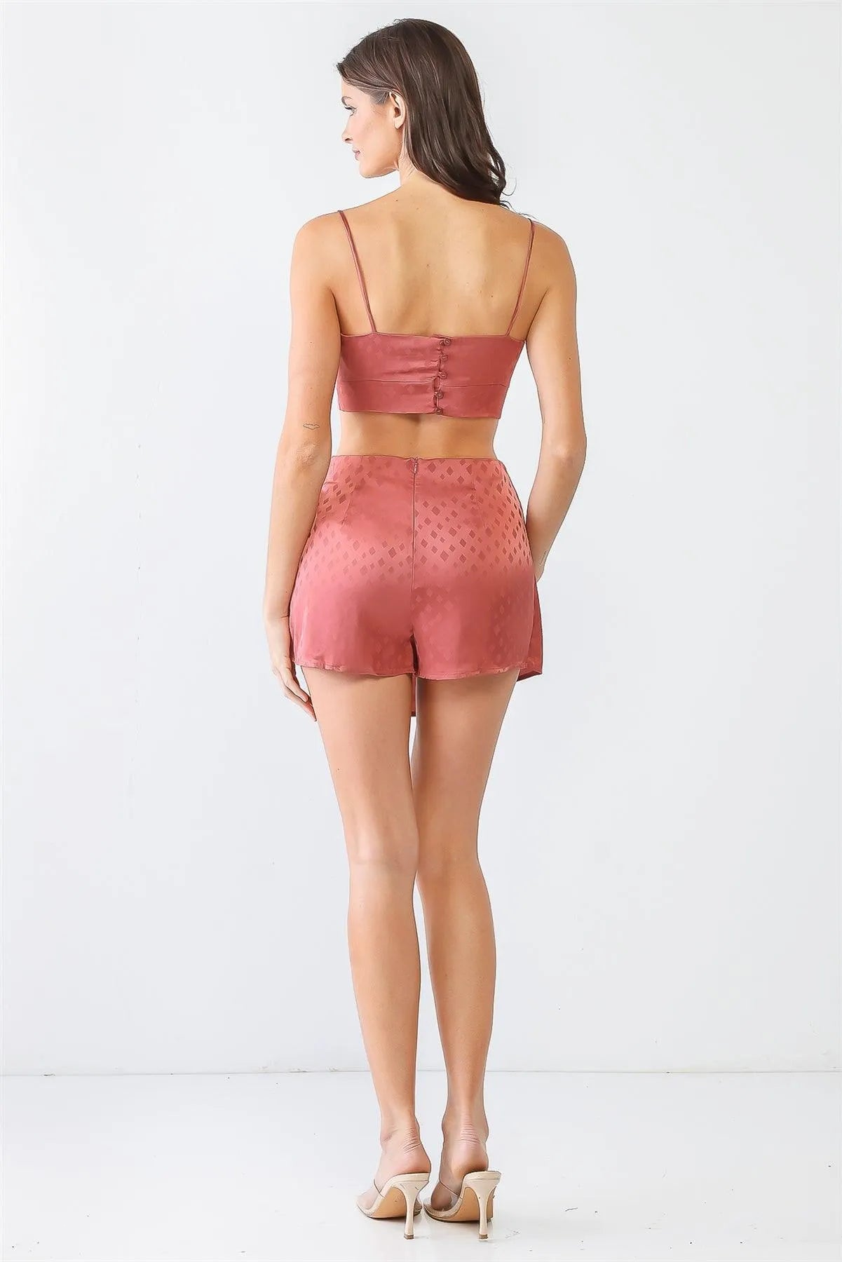 Diamond Print Satin Crop Top & Wrap Hem Shorts Set - Tasha Apparel Wholesale