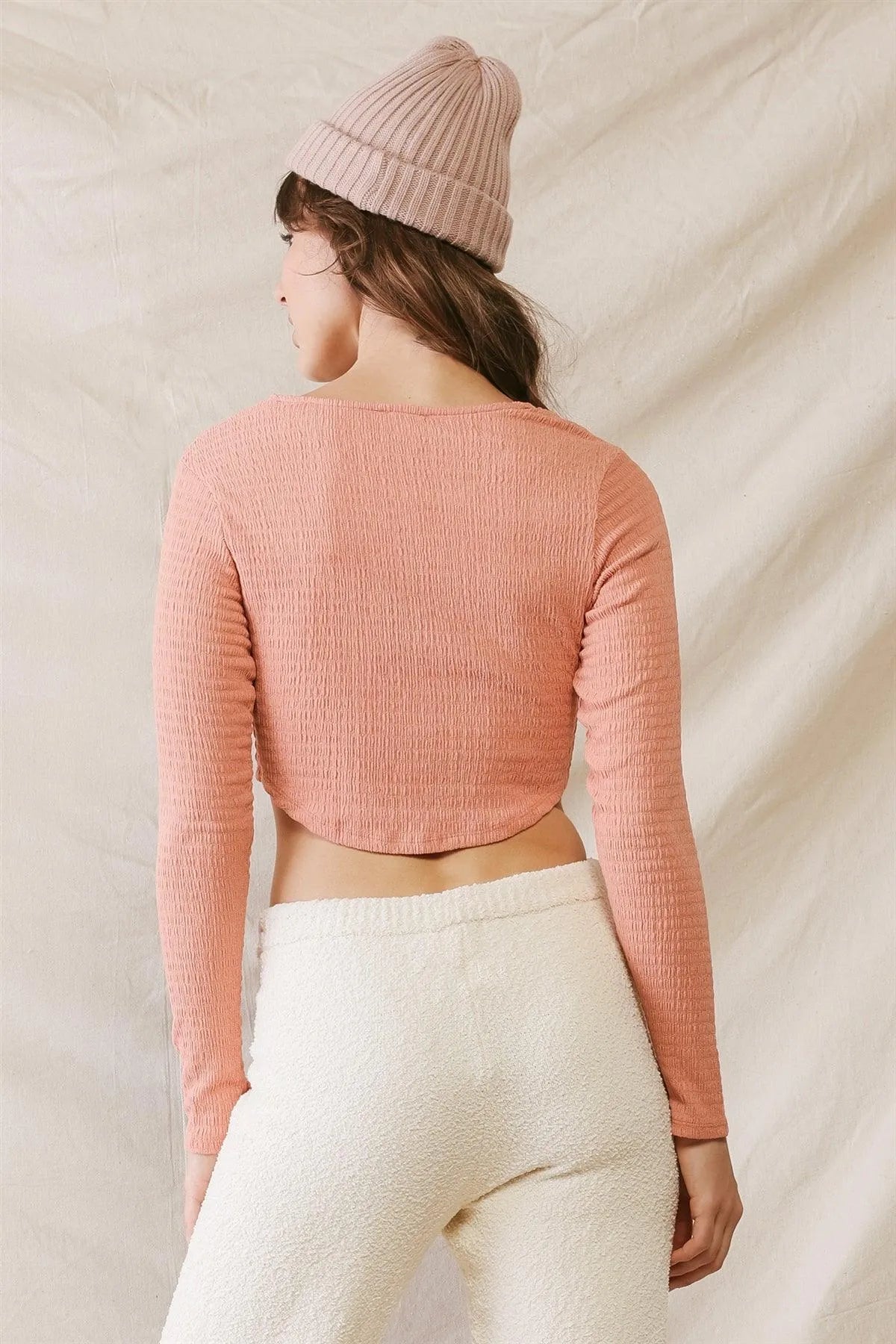Peach Textured Curved Hem Long Sleeve Crop Top /3-2-1 - Tasha Apparel Wholesale