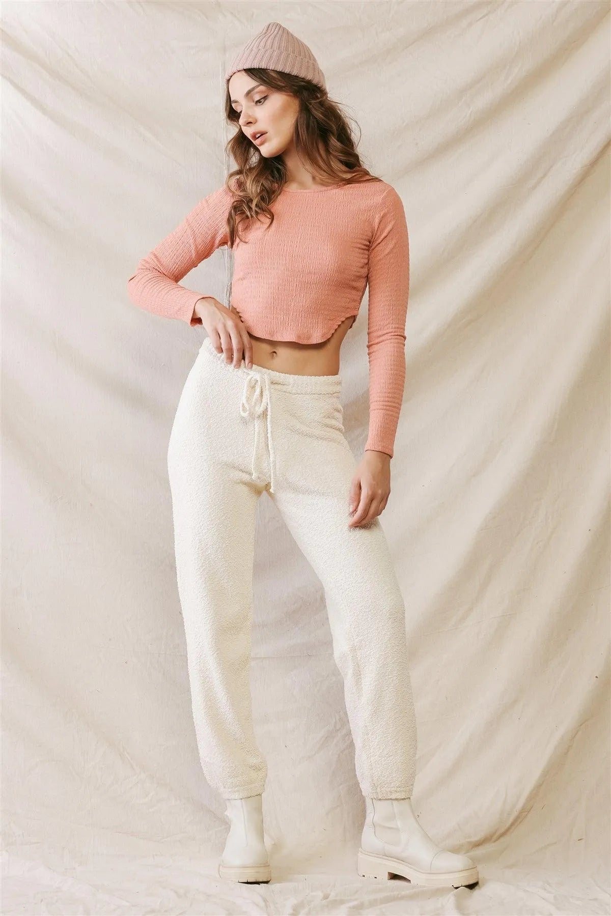 Peach Textured Curved Hem Long Sleeve Crop Top /3-2-1 - Tasha Apparel Wholesale
