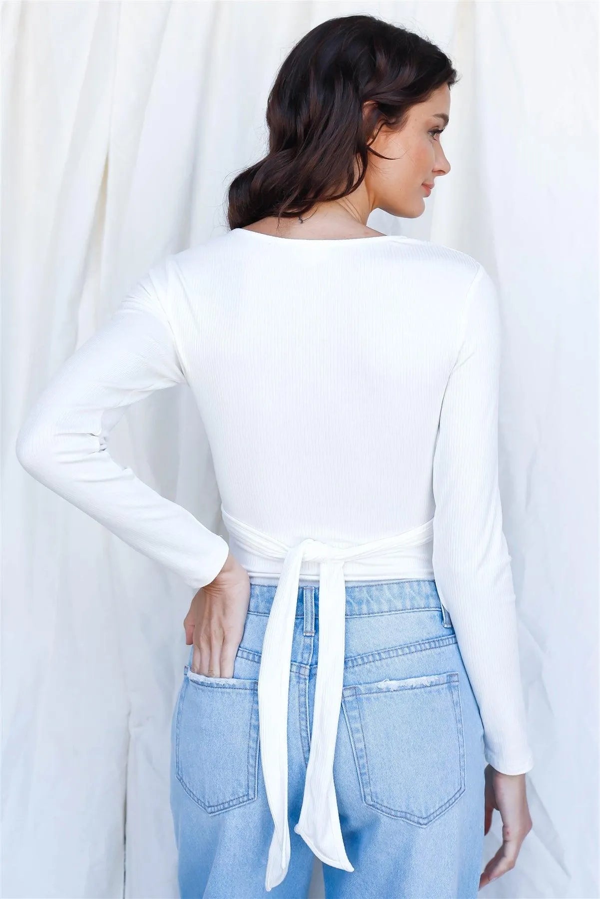 White Ribbed O-Ring Cut-Out Self-Tie Bodysuit - Tasha Apparel Wholesale