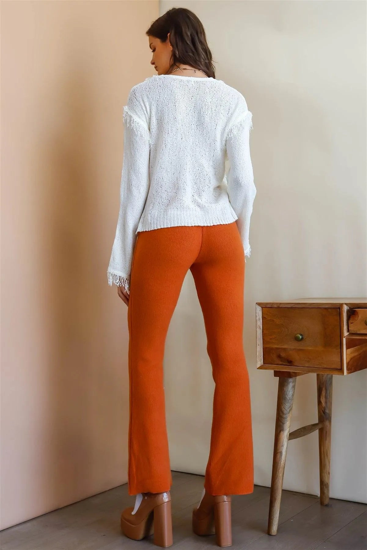 Off-White Trim Detail Self-Tie V-Neck Knit Top - Tasha Apparel Wholesale