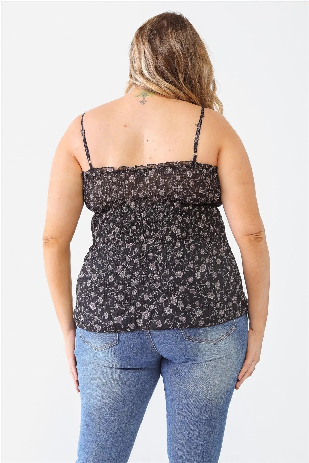 Plus Size Black Floral Ruched Sleeveless Top - Tasha Apparel Wholesale